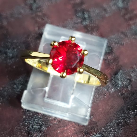 FlorasFantasies Jewelry - Poppy Engagement Ring 1k CZ Solitaire - Ruby Red on Yellow Gold